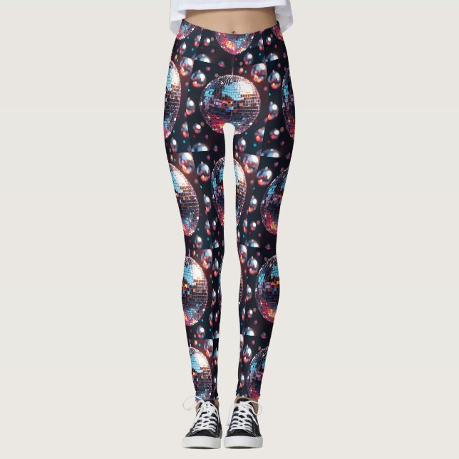 Retro disco ball pattern in silver and rainbow hue leggings (Front)
