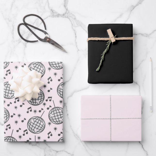 Retro Disco Ball Pink & Black Musical Wrapping Wrapping Paper Sheet (Front)
