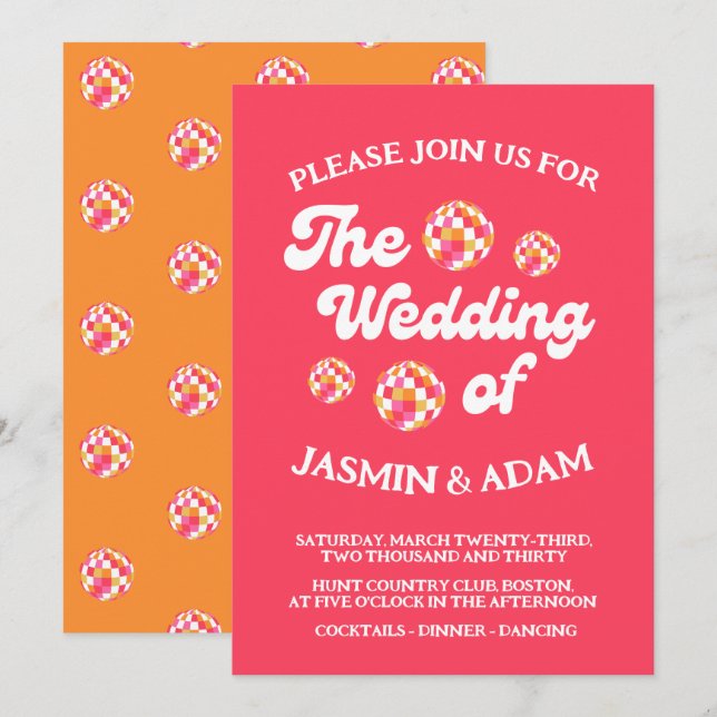 Retro Disco Ball Pink Orange Wedding Invitation (Front/Back)