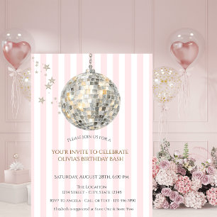 Retro Disco Ball Pink Stripes Birthday Invitation