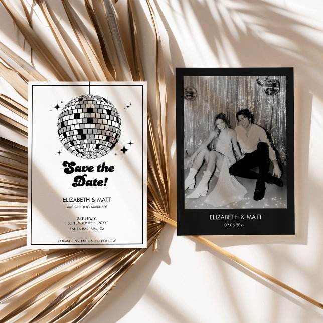 Retro Disco Ball Save The Date Black White Invitation (disco ball save the date, retro wedding invitation, black and white wedding, modern retro wedding, s)