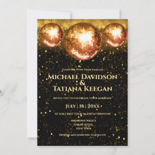 retro disco balls black gold glitters  wedding  invitation