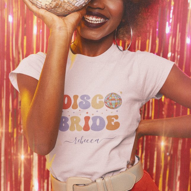 Retro Disco Bride & Name 70s Bachelorette Party T-Shirt (Creator Uploaded)