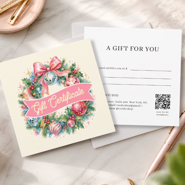 Retro Disco Christmas Wreath QR Code Gift Card (Retro Disco Christmas Wreath QR Code Beige Gift Certificate)