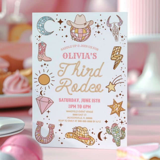 Retro Disco Cowgirl Third Rodeo 3rd Birthday Party Invitation (Creator Uploaded)