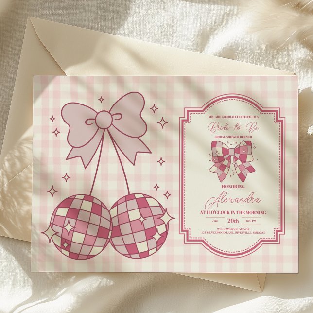 Retro Disco Cute Pink Bow Bridal Shower Invitation (Creator Uploaded)