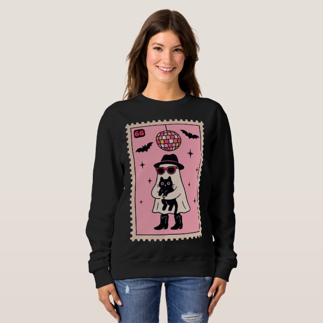 Retro Disco Ghost with Black Cat Halloween Stamp Sweatshirt (Front Full)