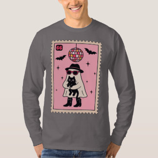 Retro Disco Ghost with Black Cat Halloween Stamp T-Shirt