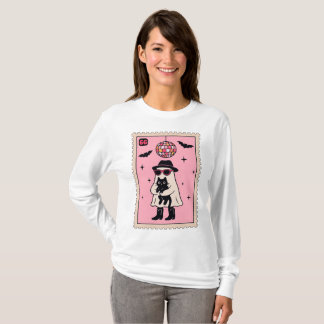Retro Disco Ghost with Black Cat Halloween Stamp T-Shirt
