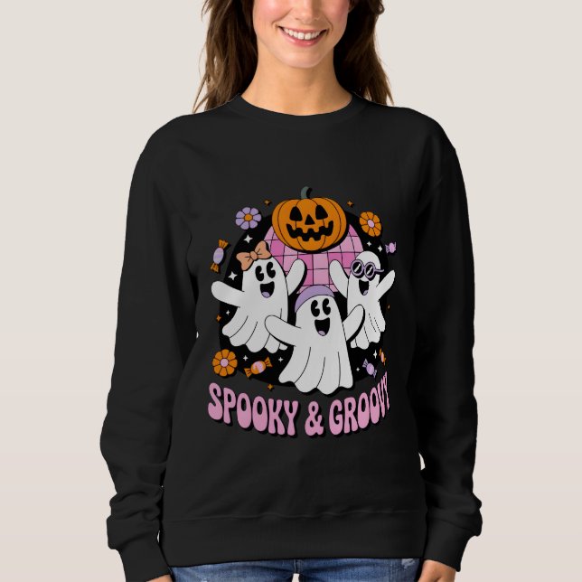 Retro Disco Ghosts Spooky and Groovy Halloween Sweatshirt (Front)