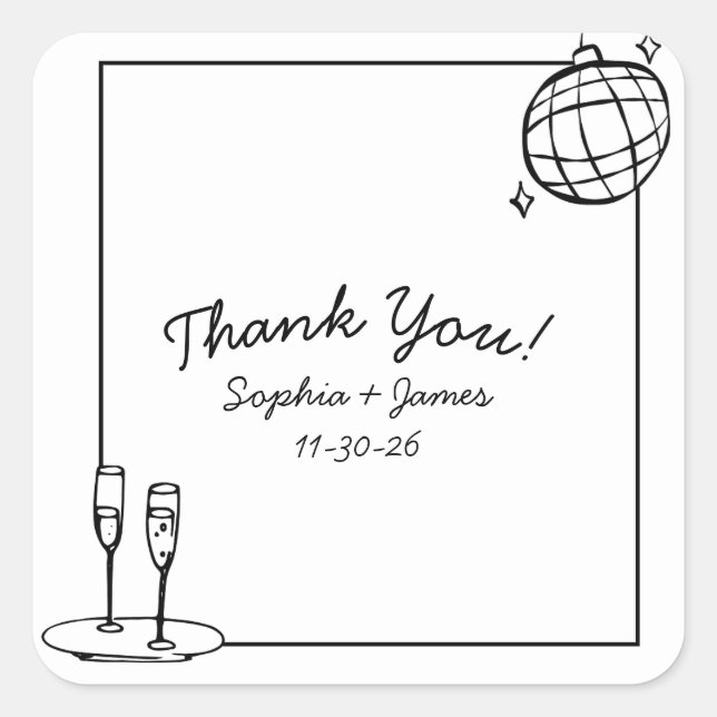 Retro Disco Personalised Wedding Thank You Square Sticker (Front)