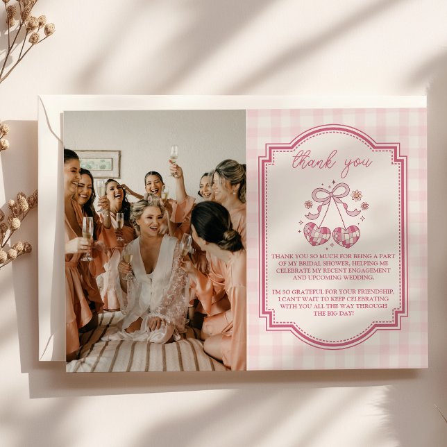 Retro Disco Photo Cute Pink Bow Bridal Shower Thank You Card (Creator Uploaded)
