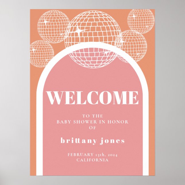 Retro Disco Pink and Orange Groovy Baby Shower Poster (Front)