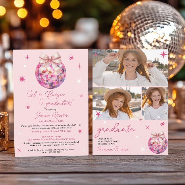 Retro Disco Pink Bow 3 photos Graduation Party Invitation (Retro Disco Pink Bow 3 photos Graduation Party Invitation)
