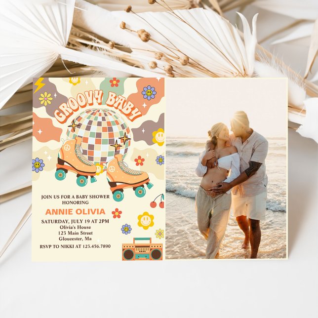 Retro Disco Roller Skate Baby Shower Party Photo Invitation (Creator Uploaded)