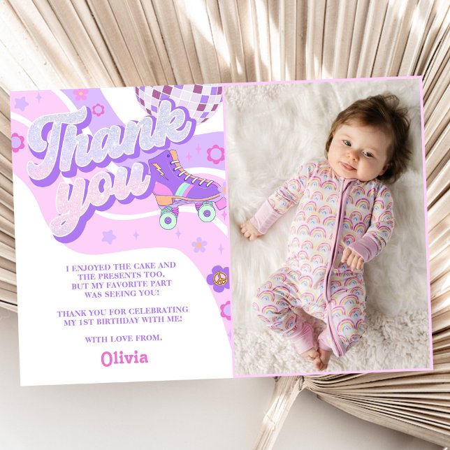 Retro Disco Roller Skate Birthday Photo Thank You Card (Creator Uploaded)