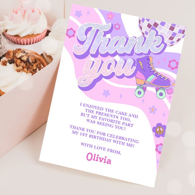 Retro Disco Roller Skate Birthday  Thank You Card (Creator Uploaded)