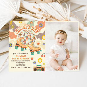 Retro Disco Roller Skate Groovy One 1st Birthday Invitation