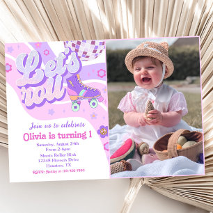 Retro Disco Roller Skate Let's Roll 1st Birthday  Invitation