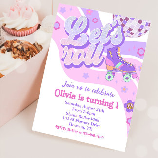 Retro Disco Roller Skate Let's Roll 1st Birthday Invitation
