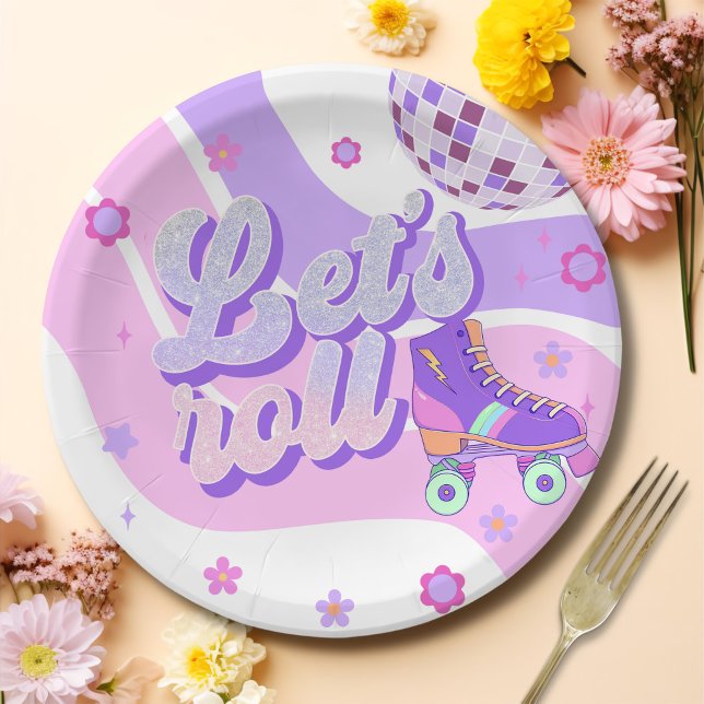 Retro Disco Roller Skate Let's Roll 1st Birthday Paper Plate (Creator Uploaded)