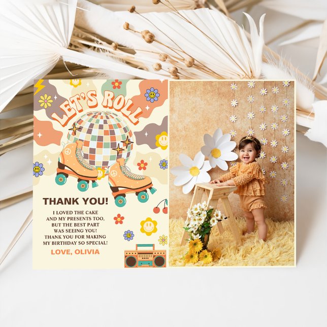 Retro Disco Roller Skate Let's Roll Birthday Photo Thank You Card (Creator Uploaded)