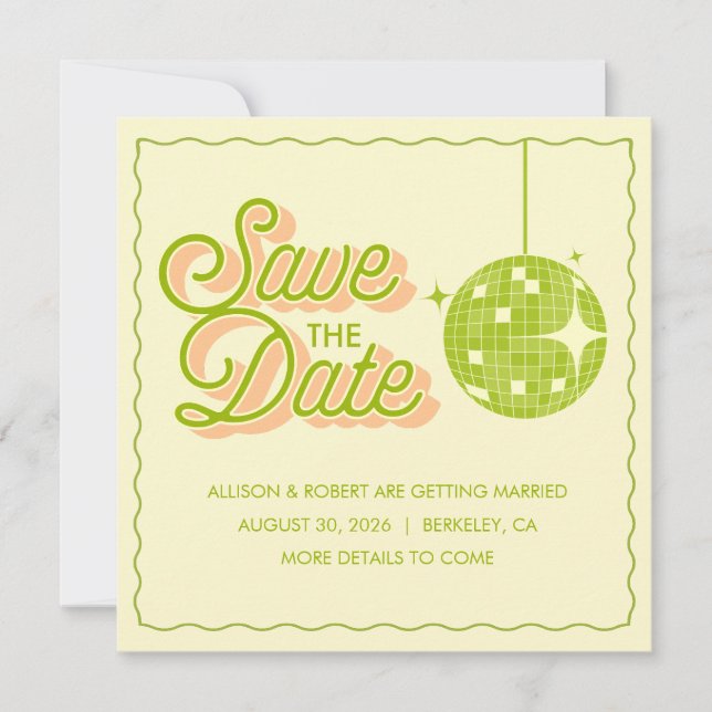 Retro Disco Wedding Save The Date Card (Front)