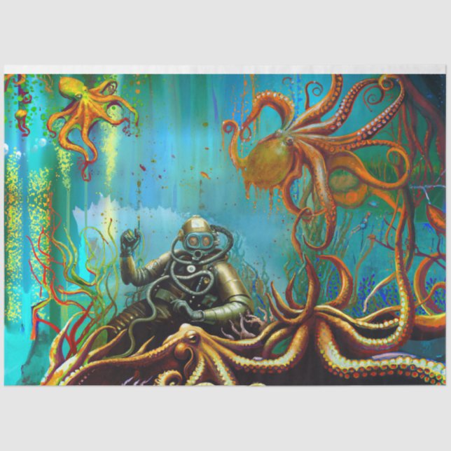 Retro Diver Metal Diving Suit Octopus Decoupage  Tissue Paper (Front)