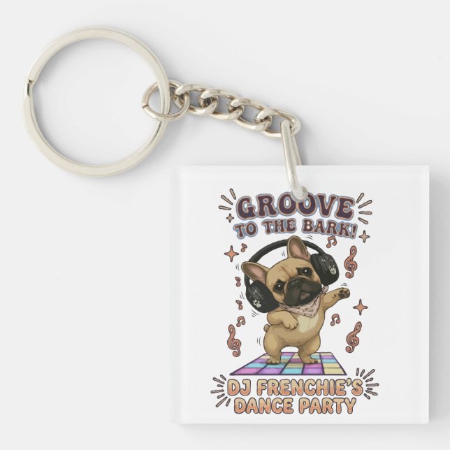 Retro DJ Frenchie Dance Party Graphic Key Ring (Front)