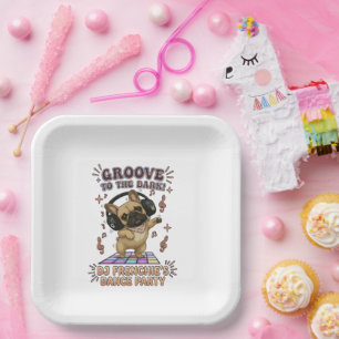 Retro DJ Frenchie Dance Party Graphic Paper Plate