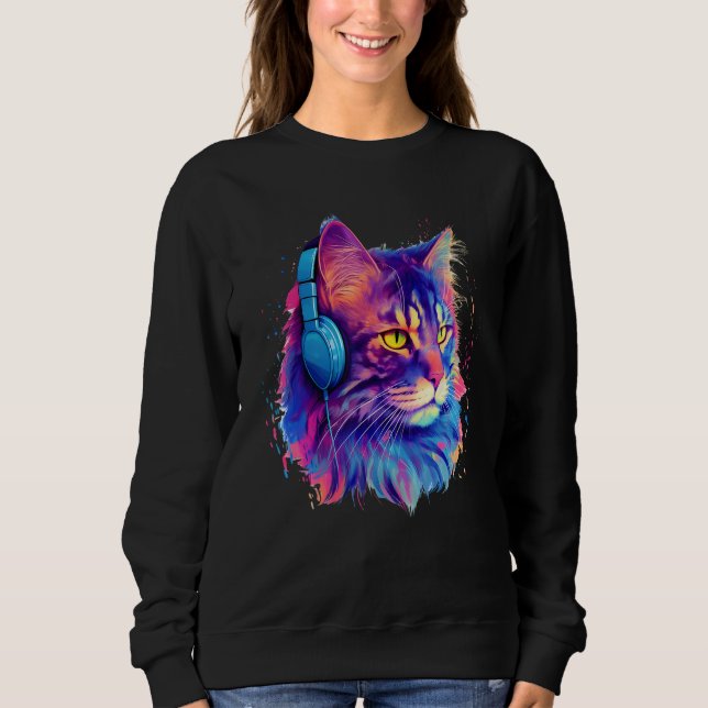 Retro DJ Maine Coon Male Cat Face Headphones Music Sweatshirt (Front)