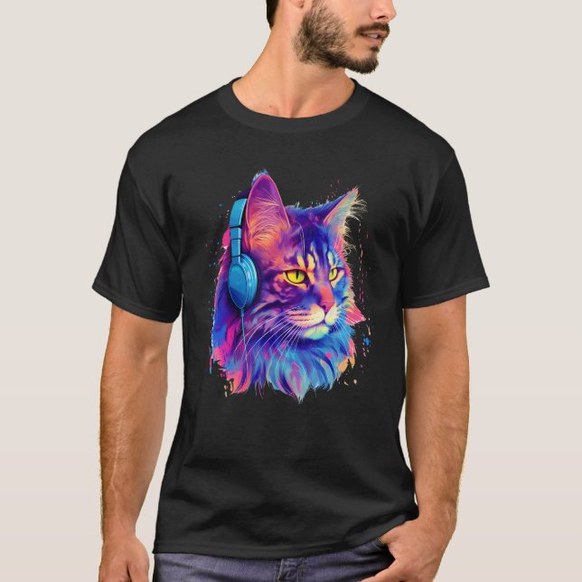 Retro DJ Maine Coon Male Cat Face Headphones Music T-Shirt (Front)