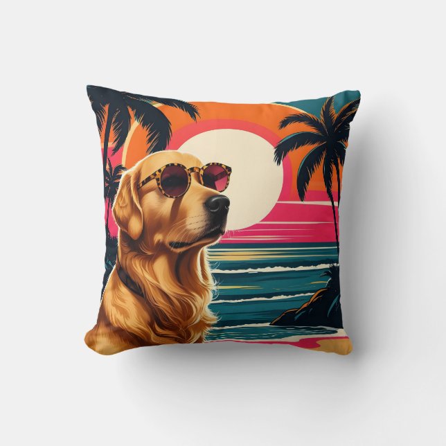 Retro Dog Sunglasses Vintage Sunset Beach  Cushion (Front)