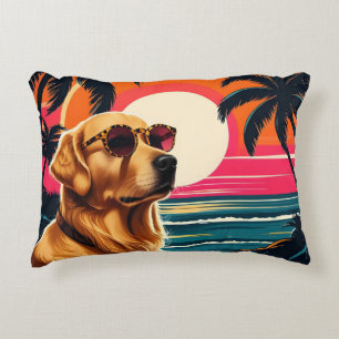Retro Dog Sunglasses Vintage Sunset Beach  Decorative Cushion