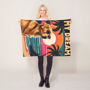 Retro Dog Sunglasses Vintage Sunset Beach  Fleece Blanket