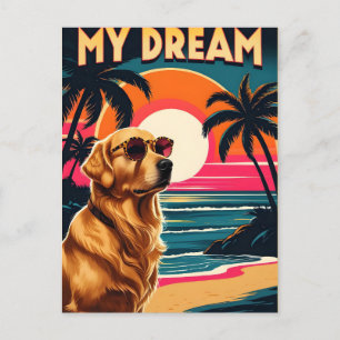 Retro Dog Sunglasses Vintage Sunset Beach  Holiday Postcard