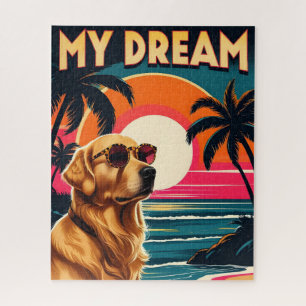 Retro Dog Sunglasses Vintage Sunset Beach  Jigsaw Puzzle