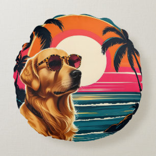 Retro Dog Sunglasses Vintage Sunset Beach Round Cushion