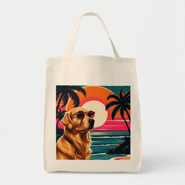 Retro Dog Sunglasses Vintage Sunset Beach  Tote Bag (Front)