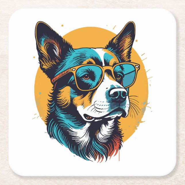 Retro Dog wearing sunglasses Square Paper Coaster (Front)
