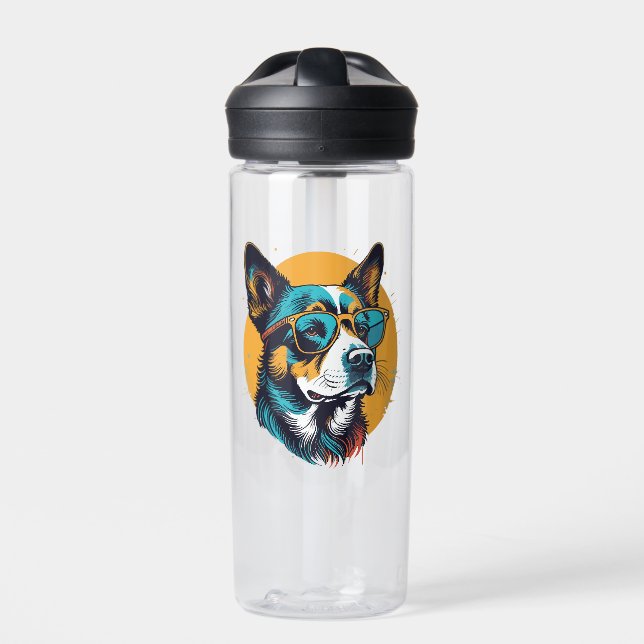 Retro Dog wearing sunglasses Water Bottle (Front)