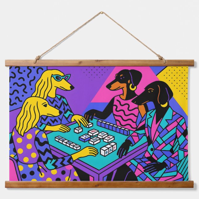 Retro Dogs Playing Mahjong Hanging Tapestry (Front)