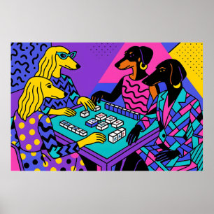 Retro Dogs Playing Mahjong Poster