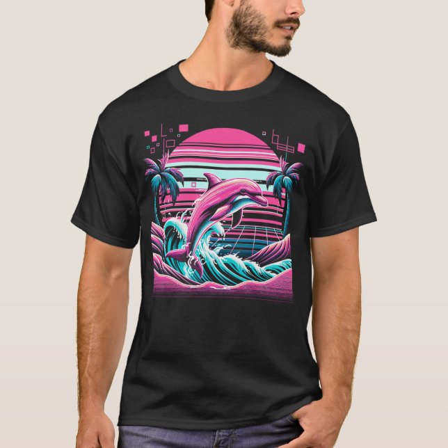 Retro Dolphin Palm Sunset Vaporwave Tee - 80s 90s  (Front)