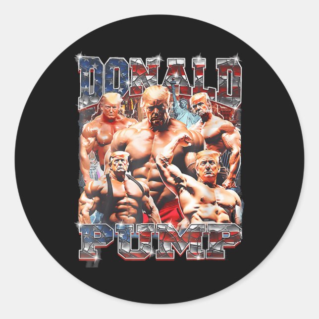 Retro Donald Pump Gym Collage Photo Meme Funny Classic Round Sticker (Front)