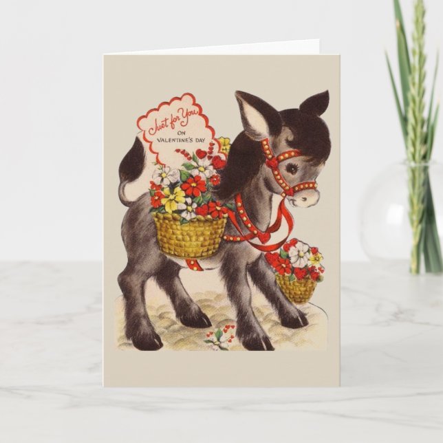 Retro Donkey with Flowers Valentine Greeting Card (Front)