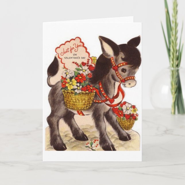 Retro Donkey With Flowers Valentine's Day Card (Front)