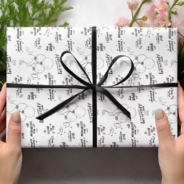 Retro Doodle Modern Balloon Happy Birthday  Wrapping Paper (Creator Uploaded)