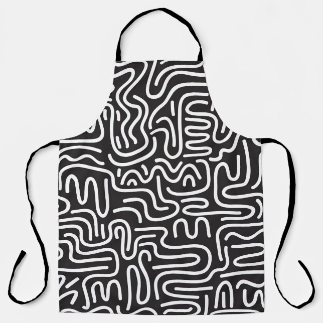 Retro Doodle Wavy Lines: Monochrome Apron (Front)