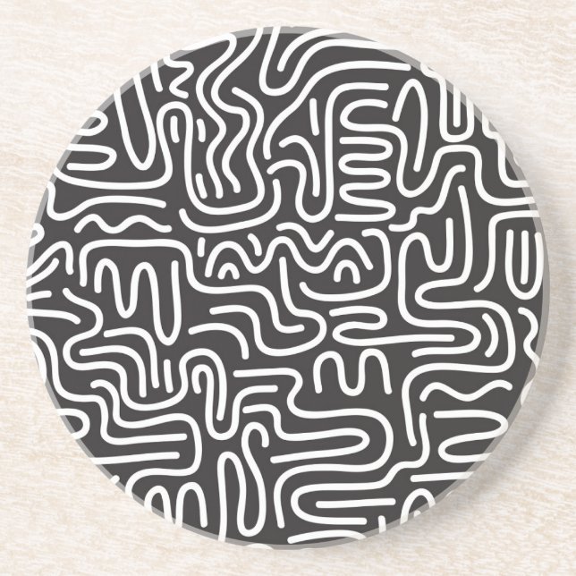 Retro Doodle Wavy Lines: Monochrome Coaster (Front)
